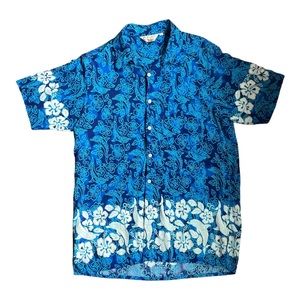 Cabali Hawaiian Shirt Men’s L Blue Dolphin Floral Short Sleeve Button Down